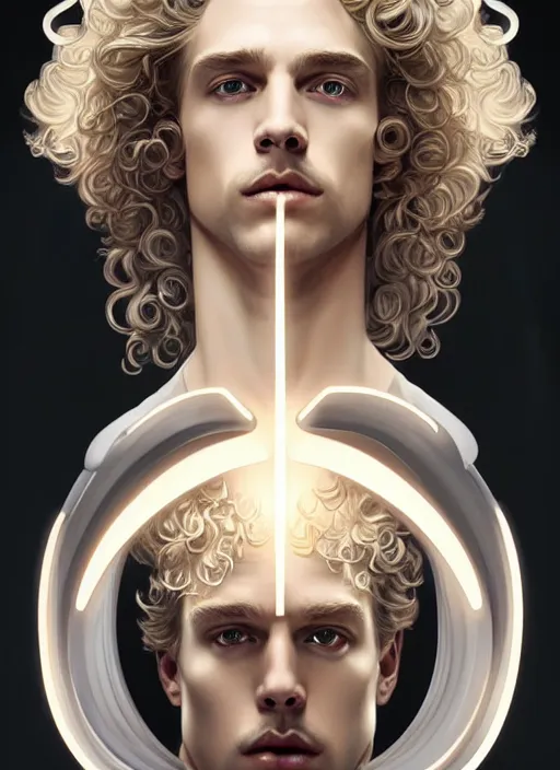 Prompt: symmetry portrait of a pale blond young androgynous prince with very curly long blond curly hair, sci - fi, black steel cyborg body tech wear, glowing lights intricate, elegant, highly detailed, digital painting, artstation, concept art, smooth, sharp focus, illustration, art by artgerm and greg rutkowski and alphonse mucha