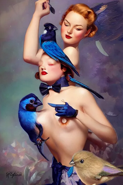 Image similar to hyper realistic painting, tasteful pinup girl holding an indigo bunting, bird, the bird is wearing a bowtie, by greg rutkowski, rossdraws, gil elvgren, enoch bolles, anime, porcelain skin, very coherent