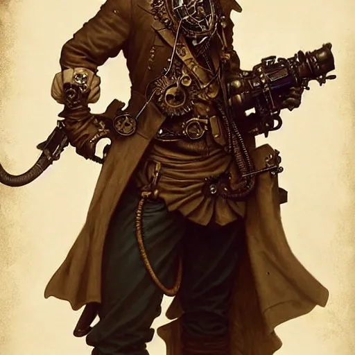 Image similar to steampunk pirate tim cook, fantasy, d & d, intricate, detailed, by by alphonse mucha, adolfo hohenstein, alice russell glenny, stanley artgerm lau, greg rutkowski, detailed, trending on artstation, trending on artstation, smooth