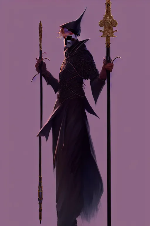 Prompt: fullbody portrait of a wizard in elegant outfit holding a magic staff by miranda meeks and greg rutkowski, highly detailed, perfect features, dark, mysterious, digital art, sharp focus, illustration, concept art, trending on artstation