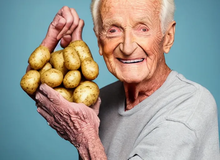 Image similar to studio portrait photo still of bob barker!!!!!!!! at age 7 3 years old 7 3 years of age!!!!!!! wearing a tank top holding a bag of potatos, 8 k, 8 5 mm f 1. 8, studio lighting, rim light, right side key light