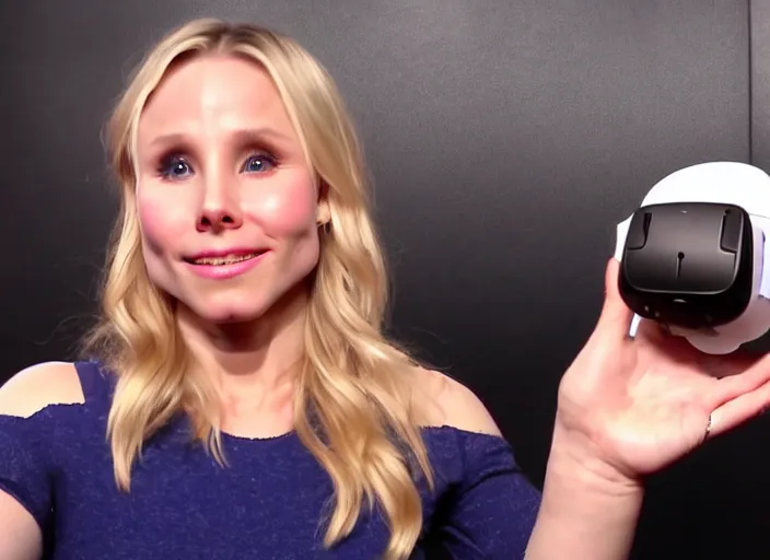 Image similar to first person vr video, photograph of my hand touching kristen bell's fat chubby belly, her belly is fat and round, 8 k, sharp, detailed