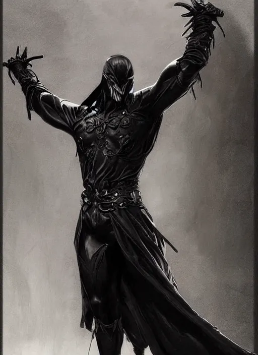 Image similar to elegant renaissance concept art of a male young muscular the crow 1 9 9 4, full figure dynamic fighting pose, pale skin!, gothic, black overcoat, fantasy, intricate, highly detailed, wrapped in leather belts, digital painting, artstation, smooth, sharp focus, illustration, art by artgerm and greg rutkowski and alphonse mucha