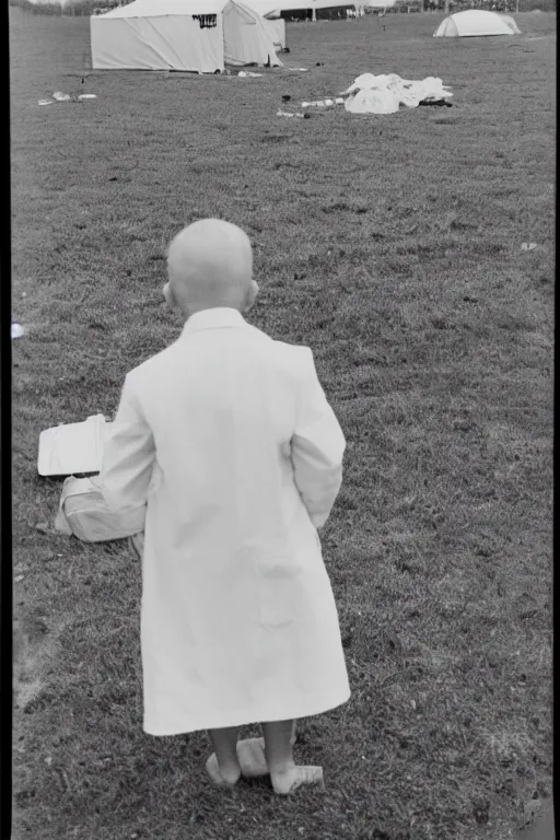 Image similar to photo polaroid of a sad and lonely child in a white coat and barefoot stands in the middle from behind the camera many big tents of field hospitals, pandemic, covid, loneliness, black and white ,photorealistic, 35mm film,