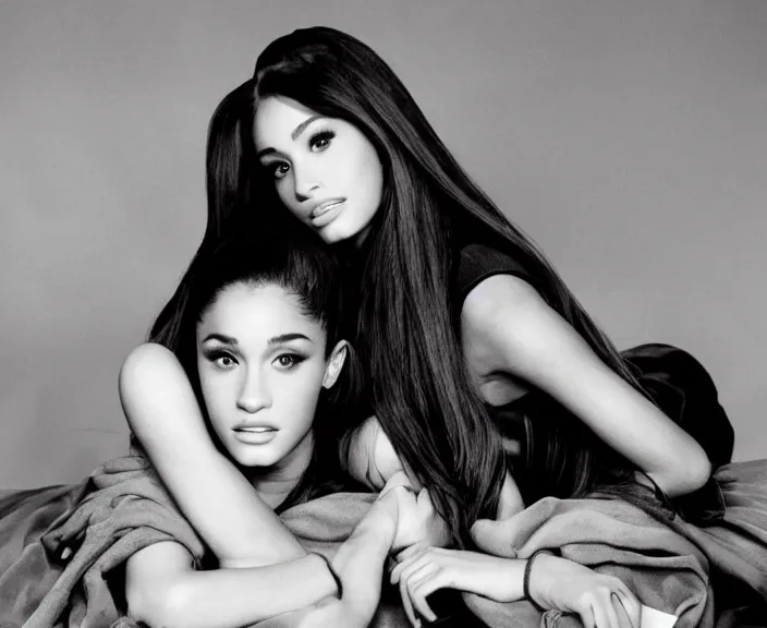 Image similar to award winning photo of Ariana Grande together with Megan Fox sitting on a chesterfield lounge, symmetrical face, wide shot by Sally Mann & Arnold Newman,