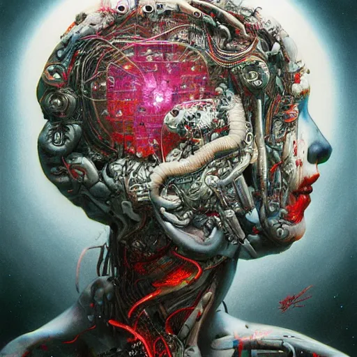 Prompt: artificial intelligence brain, 8k,by tristan eaton,Stanley Artgermm,Tom Bagshaw,Greg Rutkowski,Carne Griffiths, Ayami Kojima, Beksinski, Giger,trending on DeviantArt,hyper detailed,cybernetic, full of colour