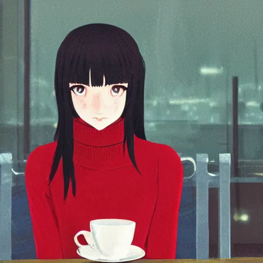 Image similar to a portrait of a beautiful girl with long black hair and bangs, wearing a red turtleneck sweater, she has red colored eyes and pale skin, sitting in a cafe alone, cozy cafe background, night time, rainy weather outside, low-key neon lighting, 4k, HQ, official media, anime key visual, makoto shinkai, ilya kuvshinov, lois van baarle, rossdraws, highly detailed, trending on artstation