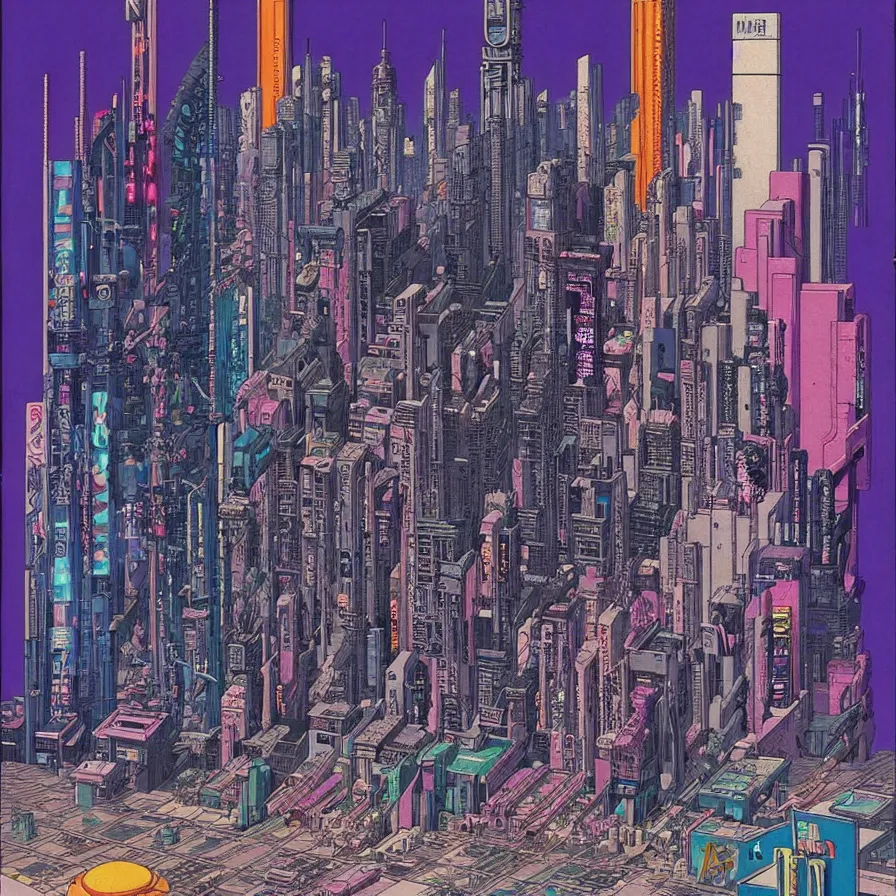 Image similar to ( ( ( ( cyberpunk city ) ) ) ) by mœbius!!!!!!!!!!!!!!!!!!!!!!!!!!!, overdetailed art, colorful, artistic record jacket design