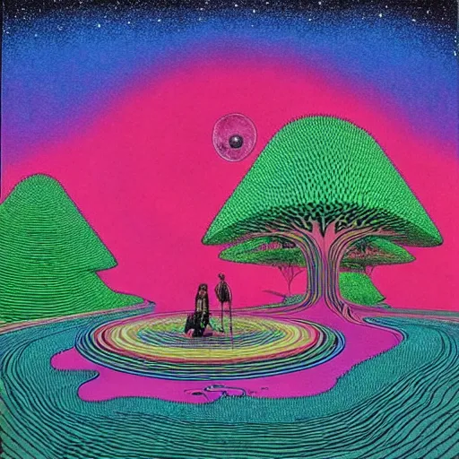 Image similar to ( ( ( ( ( forest on a mysterious planet ) ) ) ) ) by mœbius!!!!!!!!!!!!!!!!!!!!!!!!!!!, overditailed art, colorful, record jacket