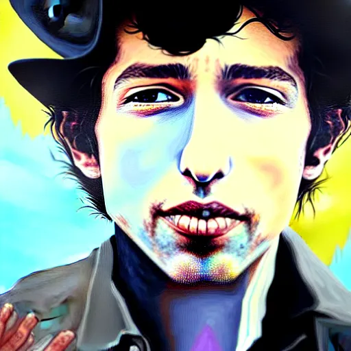 Image similar to an ultradetailed painting of young bob dylan wearing a cowboy hat and smirking by conrad roset, greg rutkowski and makoto shinkai trending on artstation