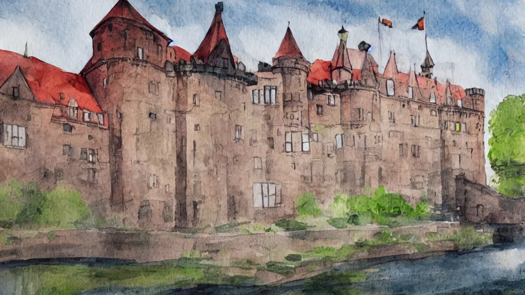 Prompt: orebro castle aquarelle painting