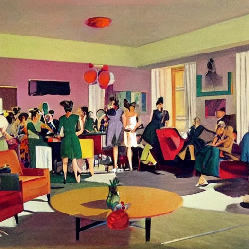 Prompt: dynamic scene of people partying in sunshine living room 1950s, by tom lovell and frank schoonover and dean cornwell