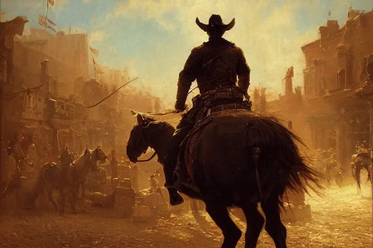 Image similar to close up portrait of rugged sheriff riding his horse through a busy old - west town, detailed, volumetric lighting, cinematic, in the style of gaston bussiere