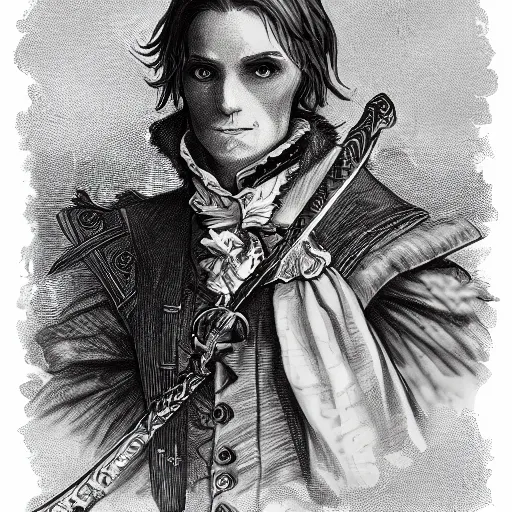 Image similar to Drawing of Male Victorian Gothic Pirate on vintage parchment paper, hd, intricate, bloodborne, 8k, digital art