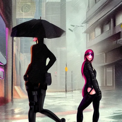Prompt: female spy in black tights waiting on a cyberpunk street in heavy rain,artstation