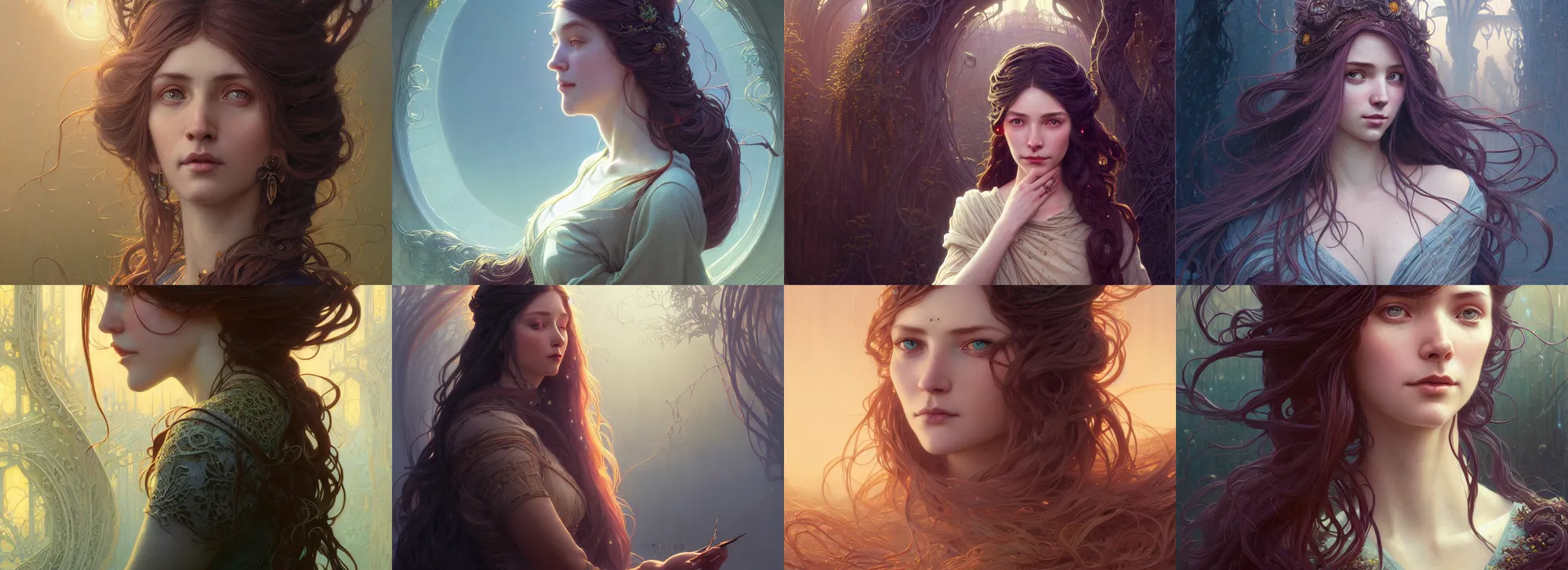 Image similar to highly detailed portrait of a woman with long hairs, stephen bliss, unreal engine, fantasy art by greg rutkowski, art nouveau, loish, rhads, ferdinand knab, makoto shinkai and lois van baarle, ilya kuvshinov, rossdraws, tom bagshaw, alphonse mucha, global illumination, radiant light, detailed and intricate environment