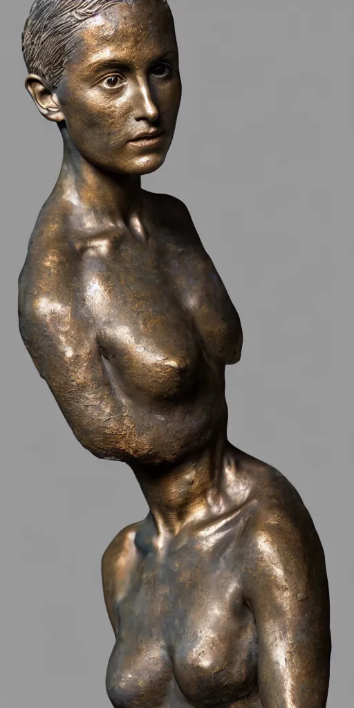 Prompt: detailed photo of an old bronze patina statue of nathalie portman, full body portrait, photorealism, intricate detail, museum diffuse lighting