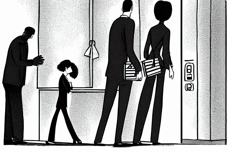 Image similar to tall, security guard checks the bags of a worried looking couple, man and woman, art in the style of the new yorker