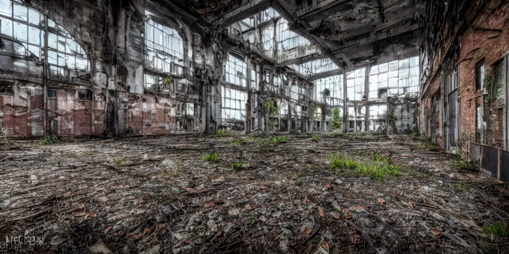 Image similar to urban exploration, abandoned places, urban decay, old factory, rundown industrial area, urban exploration photography, overgrown factory, disused power plant