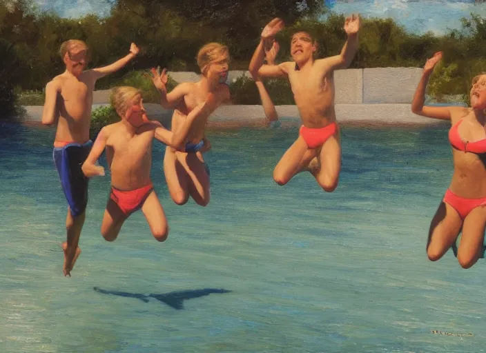 Image similar to a group of teens in the moment of jumping into a pool, oil painting by ralph maquarrie and james gurney, soft edges, subtle colours