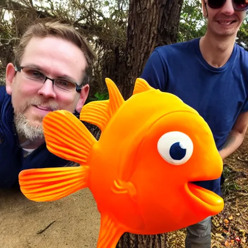 Prompt: gigantic goldfish cracker next to a man that is three times smaller than the cracker, 8 k, 4 k, professional photography, award winning photograph