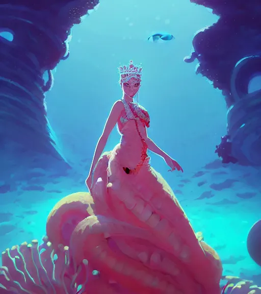 Image similar to portrait of a beautiful queen of the ocean with coral jewelry in complex and shiny dress made by jellyfish, by ross tran and atey ghailan, by greg rutkowski, by greg tocchini, by james gilleard, by joe fenton, by kaethe butcher, dynamic lighting, grunge aesthetic