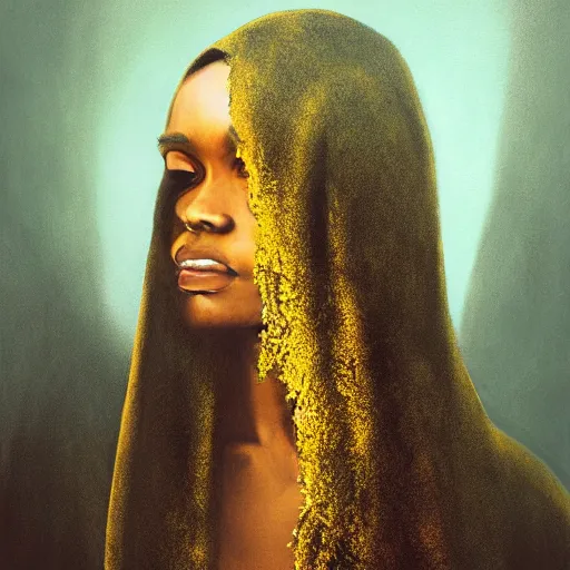 Image similar to a portrait of a young black woman wearing a long dark cloak, hood and shadows covering face, holding golden chains, oil painting, matte painting, black background, Volumetric Golden dappled dynamic lighting, Highly Detailed, Cinematic Lighting, Unreal Engine, 8k, HD, by Beksinski