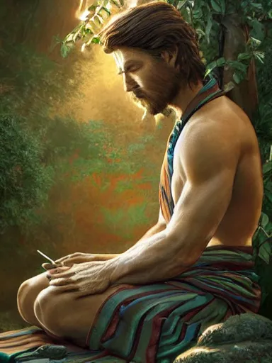 Prompt: a grumphy man, legs crossed, arms crossed. under a bodhi tree. intricate, elegant, highly detailed, digital painting, artstation, concept art, sharp focus, illustration, by justin gerard and artgerm, 8 k