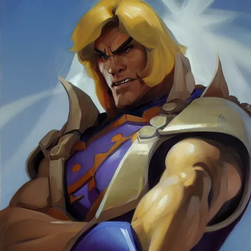 Image similar to greg manchess portrait painting of astonishing he - man the master of the universe as overwatch character, medium shot, asymmetrical, profile picture, organic painting, sunny day, matte painting, bold shapes, hard edges, street art, trending on artstation, by huang guangjian, gil elvgren, ruan jia, greg rutkowski, gaston bussiere