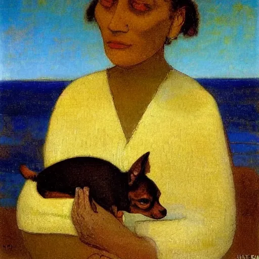 Prompt: a woman and her black and brown chihuahua at the sea by odilon redon