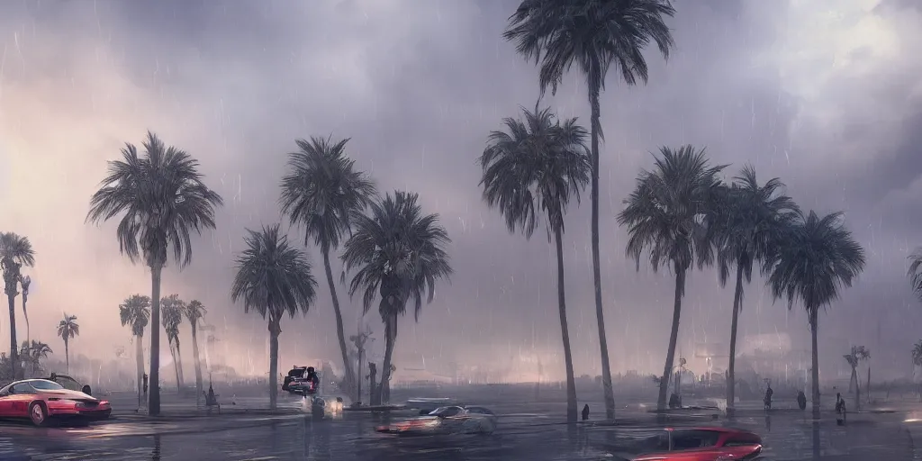 Image similar to thunderstorm in marrakech, palm trees, flying vehicles, moroccan mosque, wlop, james jean, tom bagshaw, rococo, trending on artstation, fantasy, intricate, elegant, highly detailed, digital painting, concept art, smooth, illustration, cinematic lighting, hyper realism, octane render, 8 k, hyper detailed.