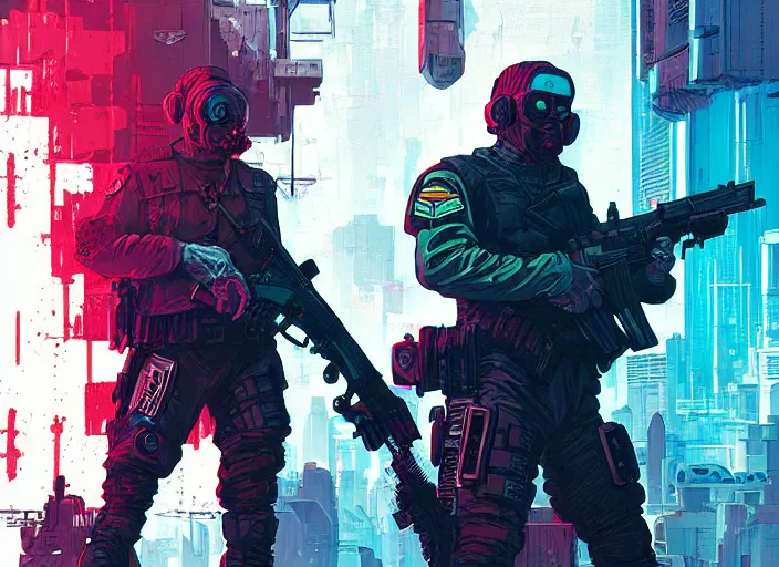 Prompt: cyberpunk russian assassin evading menacing police troopers by josan gonzalez splash art graphic design color splash high contrasting art, fantasy, highly detailed, art by greg rutkowski. dystopian