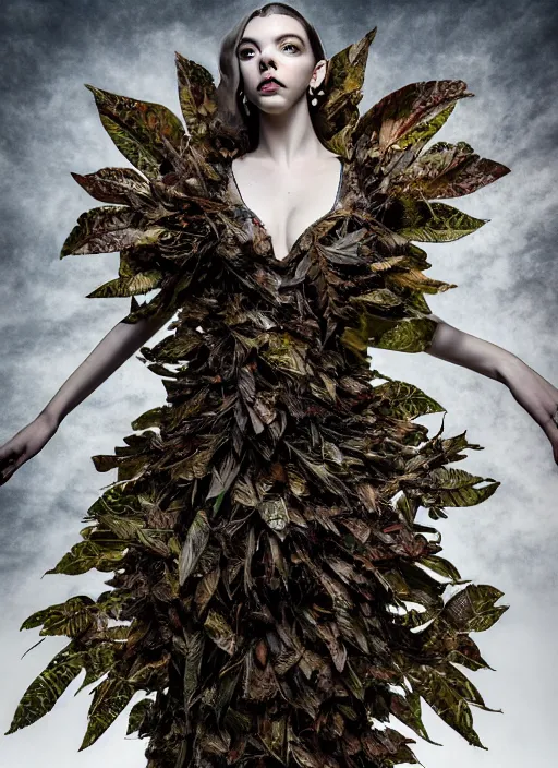 Image similar to expressive full body photo of anya taylor - joy, dress made of leaves, glamour shot, by karol bak, stefan gesell, photorealistic, nikon d 4 x, fashion photography, hyper maximalist, elegant, ornate, luxury, elite, environmental portrait, symmetrical features, octane render, unreal engine, solid dark grey background, dramatic lights