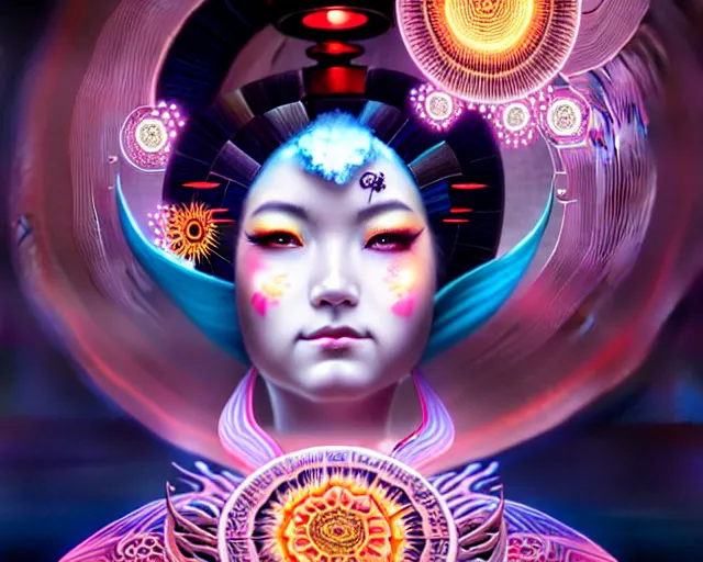 Image similar to a headshot of a geisha offset in the frame, surrounded by fractals, mandalas, cherry blossoms, hadron collider technology, metal gears, swirling bioluminescent energy, art by peter mohrbacher and dan mumford, 8 k octane render, hyperrealistic, zbrush, cinema 4 d