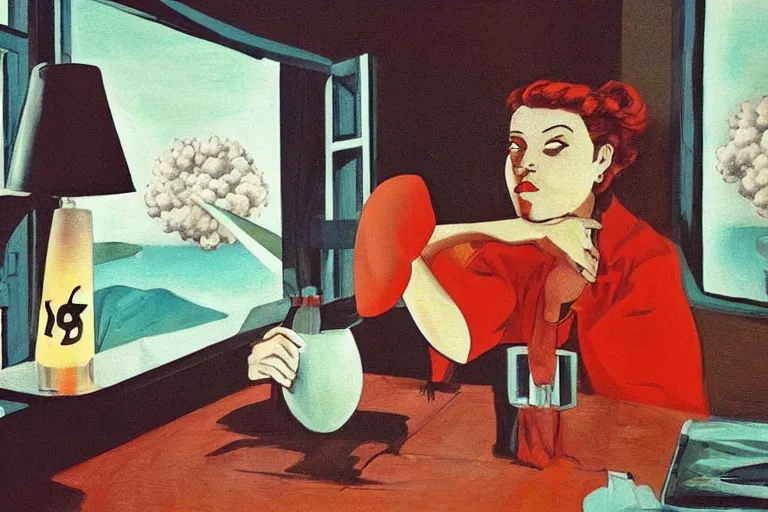 Image similar to a beautiful sad girl is sitting at the table and huge nuclear explosion is in the window, painting in style of Malcolm Smith