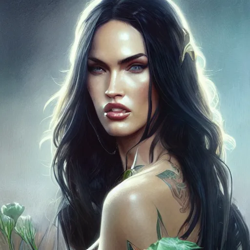 Image similar to ultra realistic illustration, megan fox as vampire lord, intricate, elegant, highly detailed, digital painting, artstation, concept art, smooth, sharp focus, illustration, art by artgerm and greg rutkowski and alphonse mucha