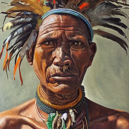 Image similar to high quality high detail painting by lucian freud, hd, full body of a indigenous tribe leader with a lot of feathers, photorealistic lighting