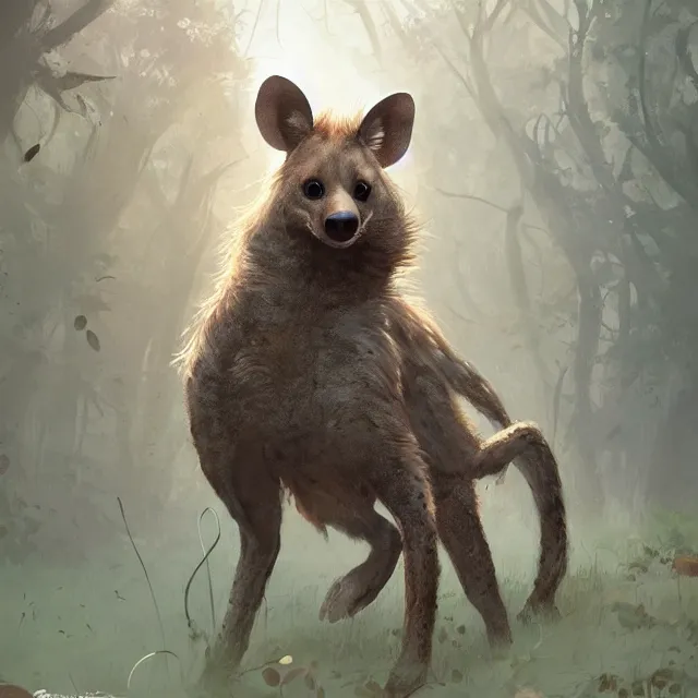 Image similar to a beautiful painting of a cute brown hyena. gray otter. in a forest. disney character design by cory loftis, fenghua zhong, ryohei hase, ismail inceoglu and ruan jia. artstation, volumetric light, detailed, photorealistic, rendered in octane