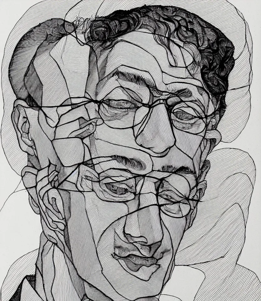 Image similar to detailed line art portrait of hermann hesse, inspired by egon schiele. contour lines, caricatural, musicality, twirls curls and curves, confident personality, raw emotion