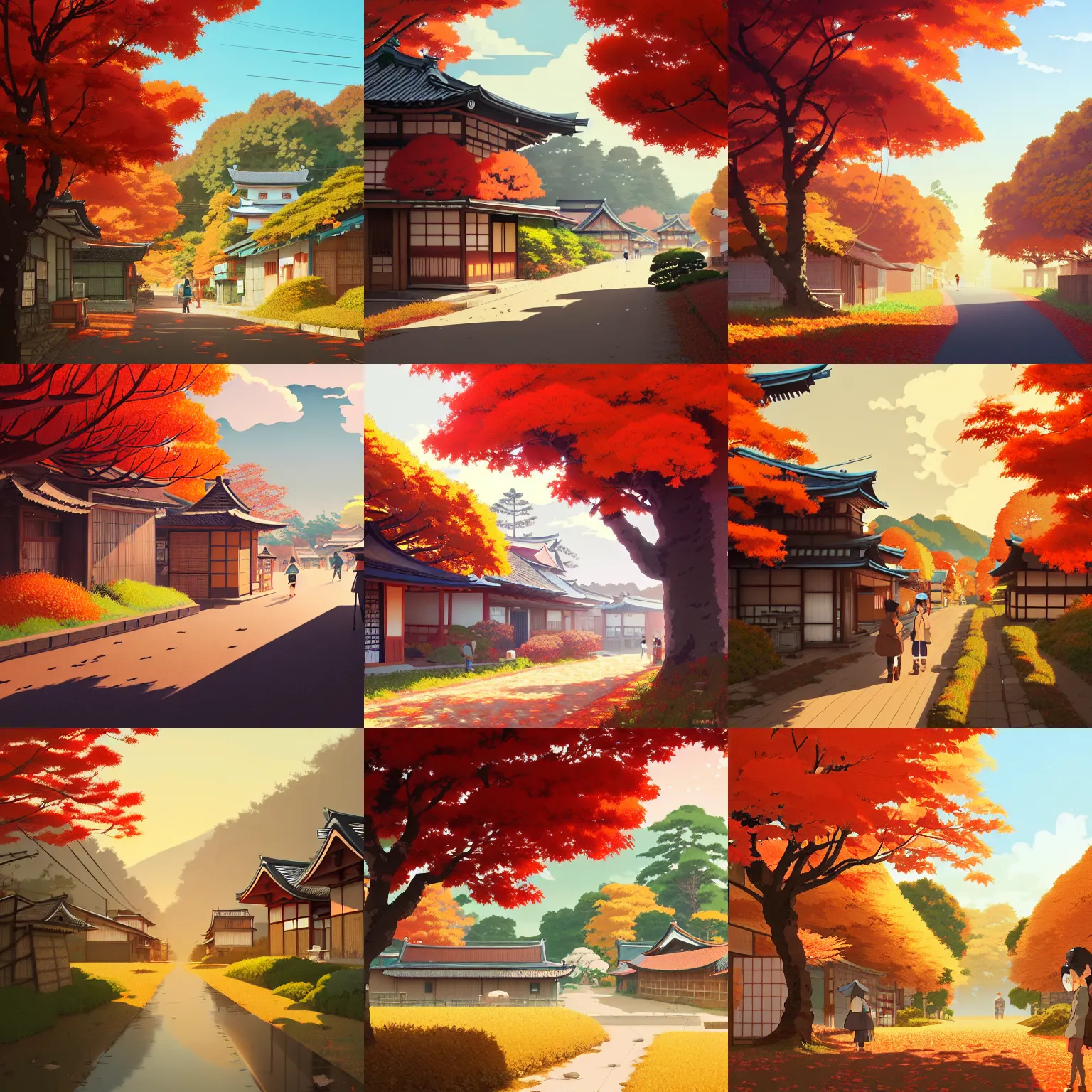 Prompt: japanese rural town, autumn, artstation, elegant, highly detailed, digital painting, concept art, smooth, sharp focus, illustration, art by studio ghibli, fujita goro, atey ghailan, tom whalen, jean giraud 8 k