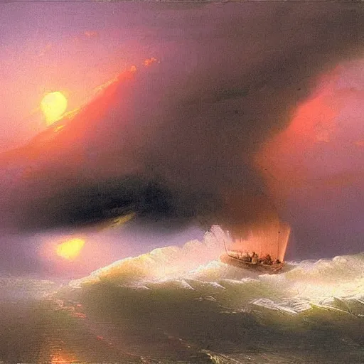 Image similar to tornado on the river, sunset, by ivan aivazovsky,