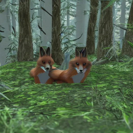 Image similar to second life in game screenshot of black foxes cuddling next to each other in a cozy forest, 4 k