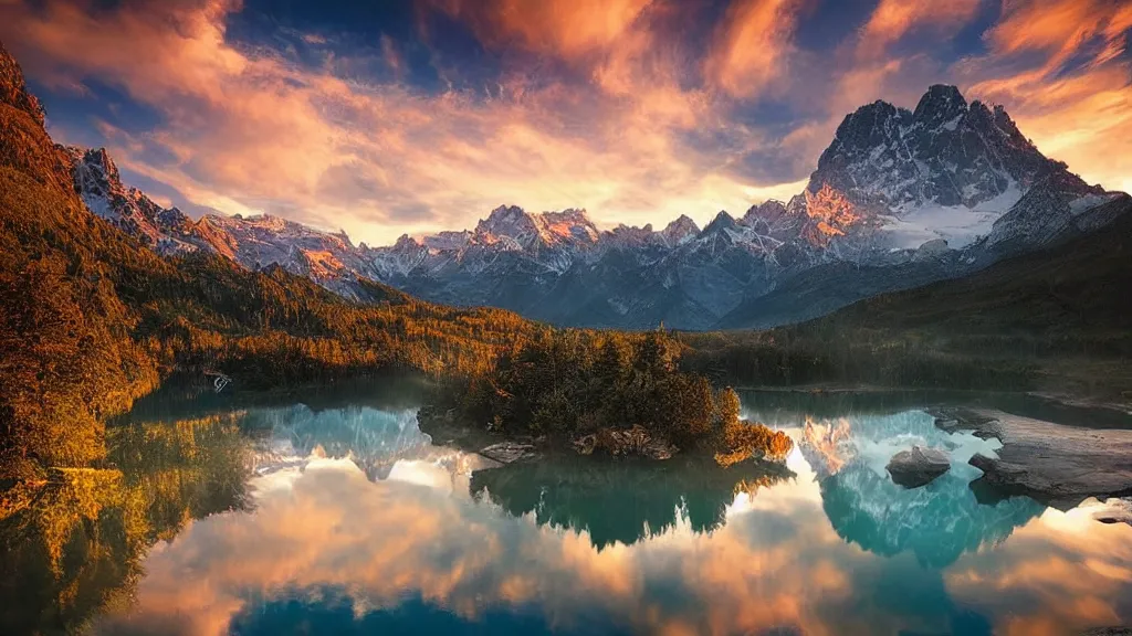 Image similar to amazing landscape photo of mountains with lake in sunset by marc adamus, beautiful dramatic lighting