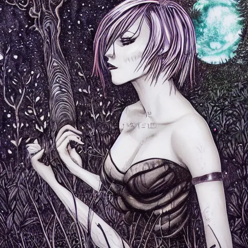 Image similar to blond butch tomboy woman, side by side, taller goth black - haired dark fae woman, in love, romantic in romantic garden at night, mike mignogna, illustration, pen and ink, oil painting, highly detailed, sci fi, dreamy and romantic