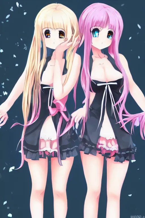 Prompt: two beautiful female idols with twintails standing chest to chest, dark background, soft anime art