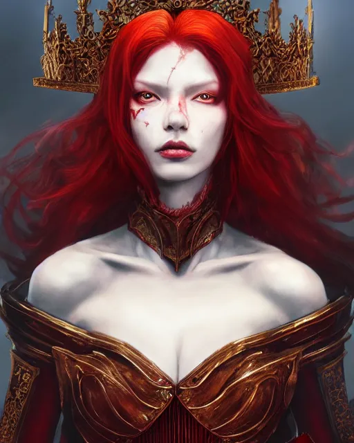 Image similar to redhead queen knight in red armor, inside an epic gothic castle, baroque, large crown, face with scars, intimidating, ominous, high fantasy, intricate detail, digital painting, artstation, concept art, smooth, sharp focus, illustration, art by yoshitaka amano and monia merlo and wlop