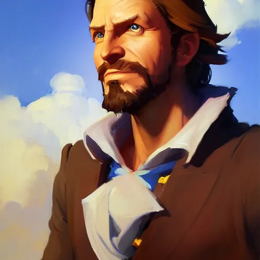 Image similar to Greg Manchess portrait painting o Guybrush Threpwood as Overwatch character, medium shot, asymmetrical, profile picture, Organic Painting, sunny day, Matte Painting, bold shapes, hard edges, street art, trending on artstation, by Huang Guangjian and Gil Elvgren and Sachin Teng