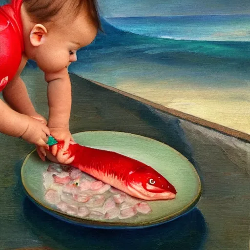 Prompt: baby eats raw fish in italy as a painting