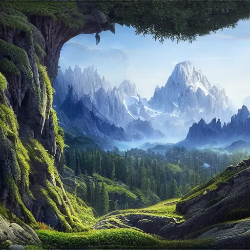 Image similar to a beautiful and highly detailed matte painting of an epic lush mountain range stretching into the distance, fir trees, intricate details, epic scale, insanely complex, 8 k, sharp focus, hyperrealism, very realistic, by caspar friedrich, greg rutowski, james gurney, zeen chin,