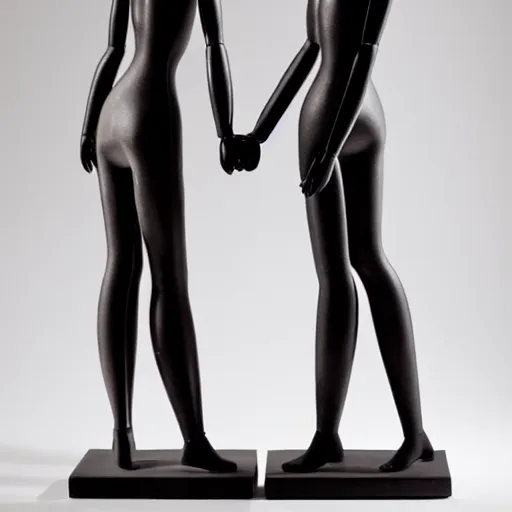 Prompt: two female mannequins kissing and holding hands